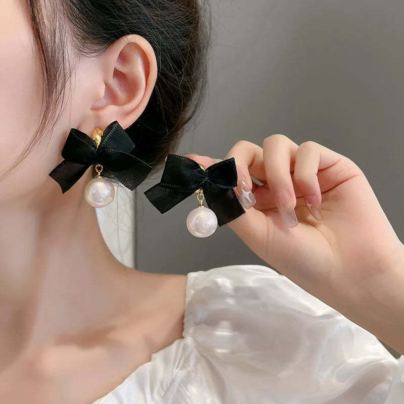 French Elegant Black Bow Earrings-Jewearrings