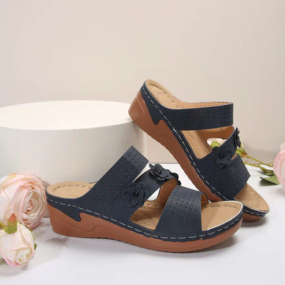 Flower PU Leather Wedge Sandals-Jewearrings