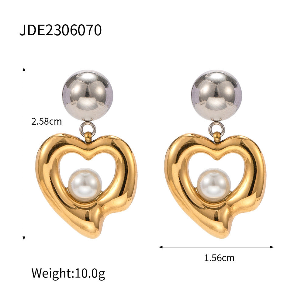 Women's 18K Gold Stainless Steel Gold And Silver Color Matching Pearl-studded Earrings-Jewearrings