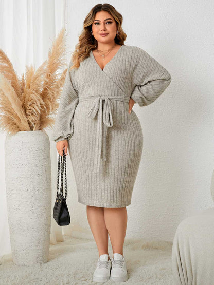 Plus Size Tie Waist Wrap Dress-Jewearrings