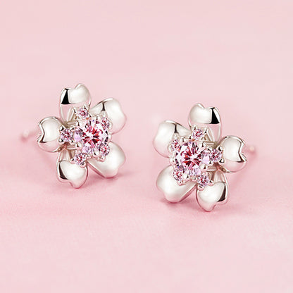 Sterling Silver Cherry Blossom Stud Earrings Niche Design Fashion-Jewearrings