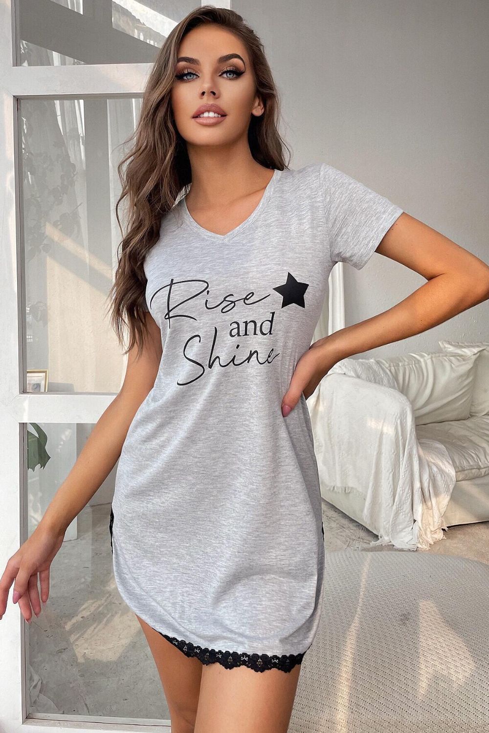 RISE AND SHINE Contrast Lace V-Neck T-Shirt Dress-Jewearrings