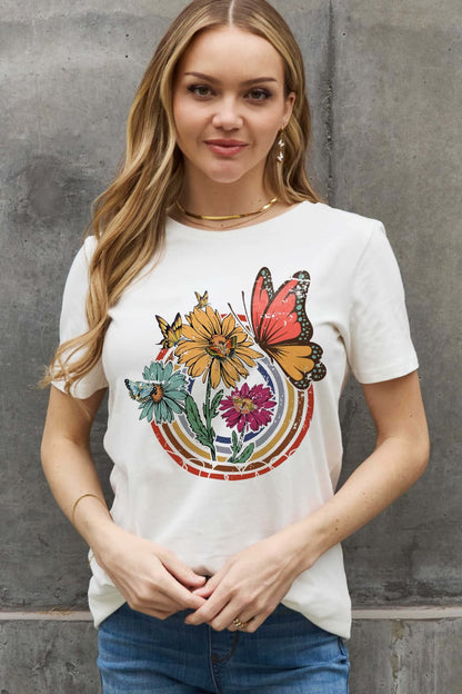 Simply Love Simply Love Full Size Flower & Butterfly Graphic Cotton Tee-Jewearrings