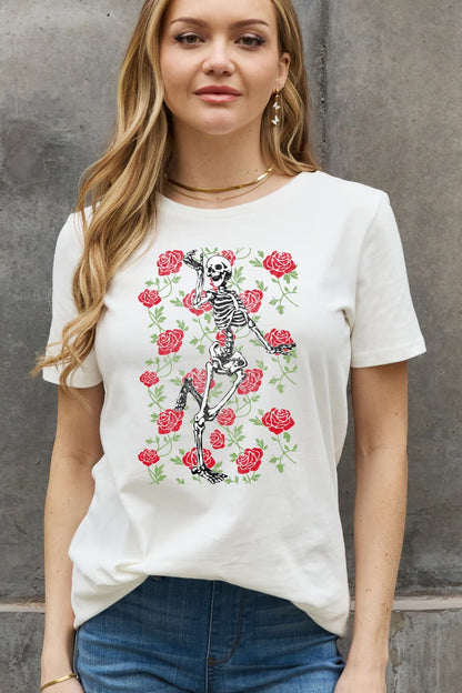 Simply Love Full Size Skeleton & Rose Graphic Cotton Tee-Jewearrings