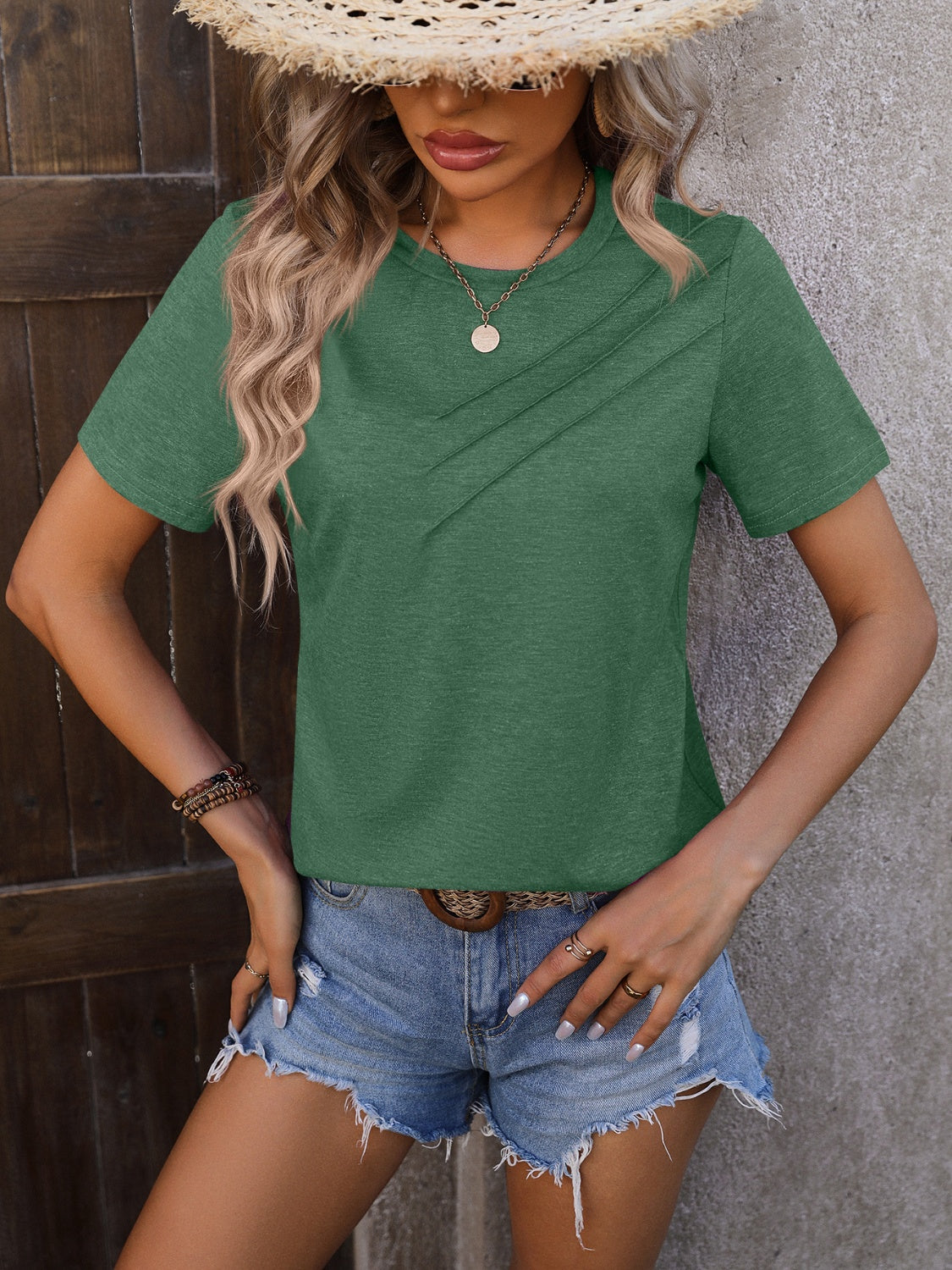 Heathered Round Neck Short Sleeve T-Shirt-Jewearrings