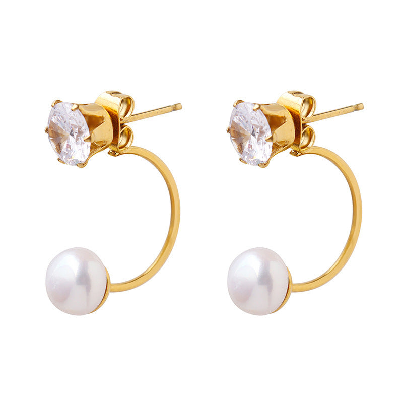 Women's Versatile Zirconia Sparkling Pearl Drop C-shaped Earrings-Jewearrings