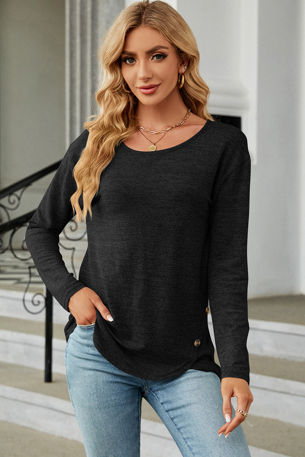 Round Neck Long Sleeve T-Shirt-Jewearrings