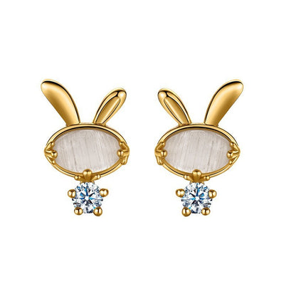 Pure Silver Opal Cute Rabbit Stud Earrings Women's Silver Jewelry Small Refined Grace-Jewearrings