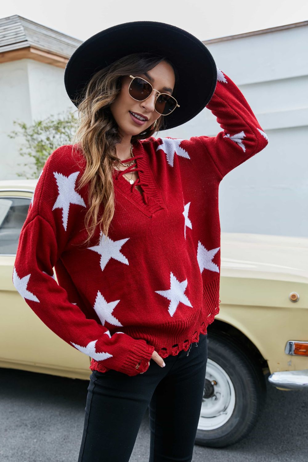 Star Pattern Lace-Up Drop Shoulder Sweater-Jewearrings