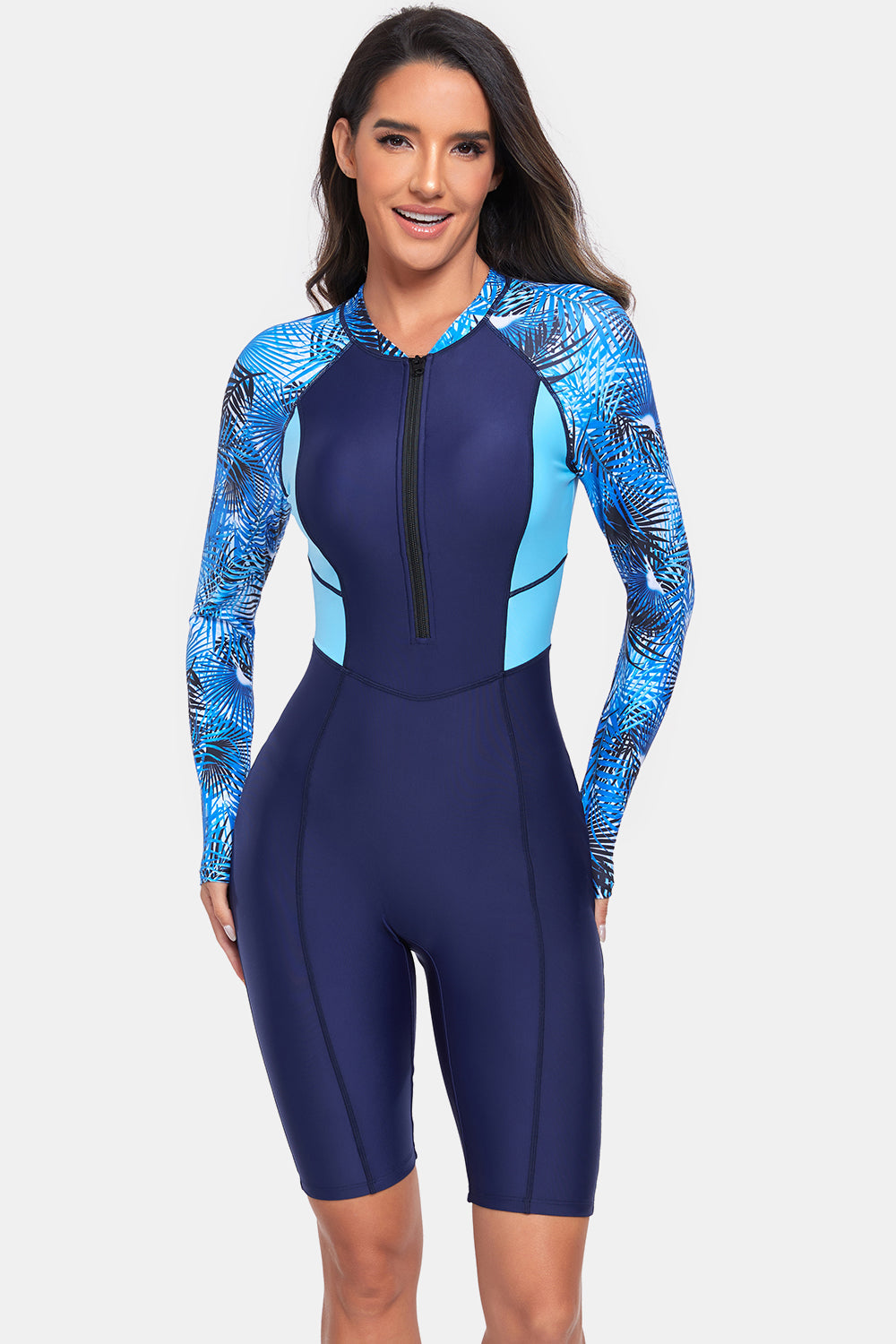 Printed Half Zip Long Sleeve One-Piece Swimwear-Jewearrings