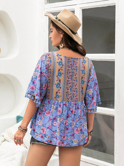 Plus Size Printed V-Neck Half Sleeve Blouse-Jewearrings