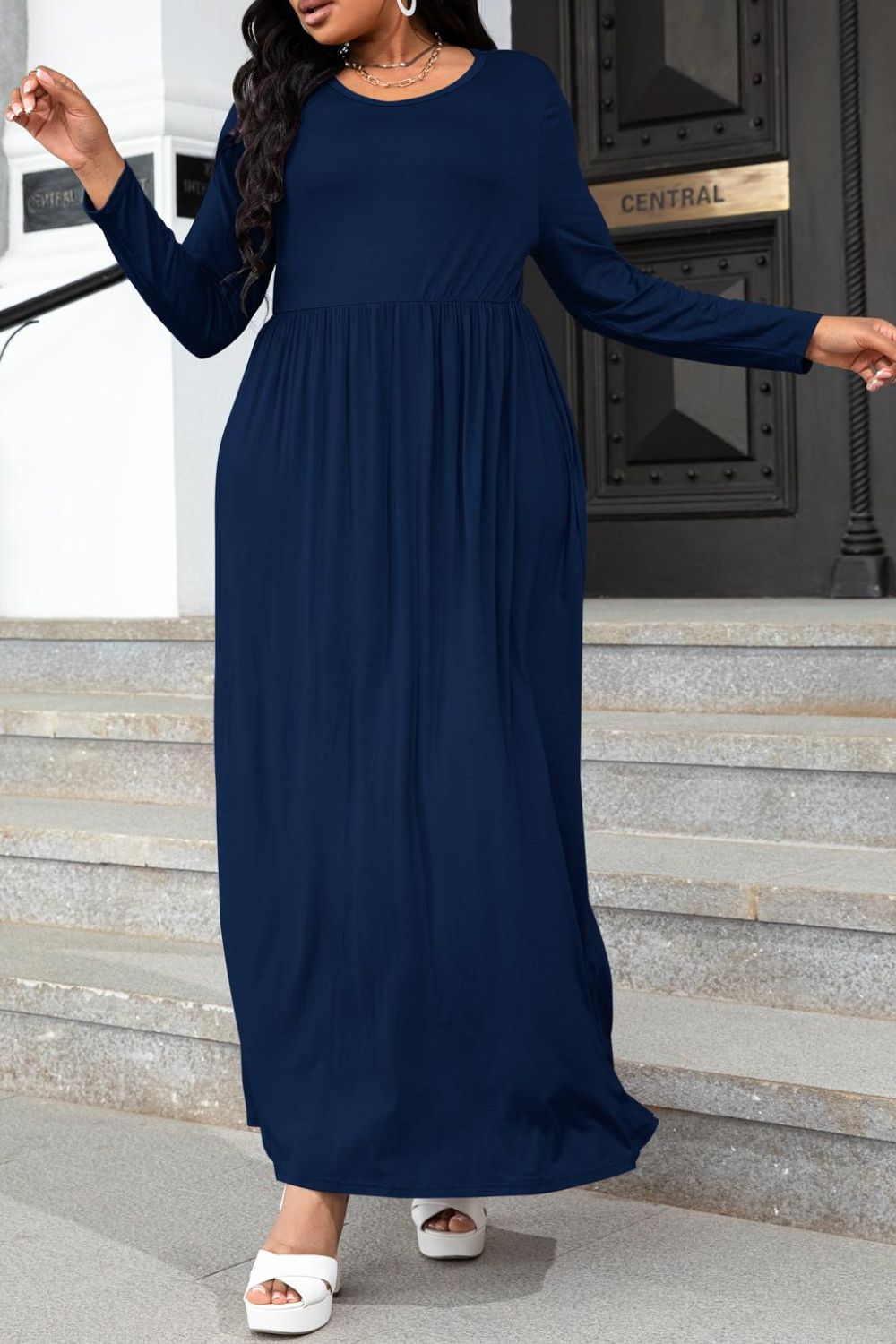 Plus Size Round Neck Long Sleeve Maxi Dress with Pockets-Jewearrings