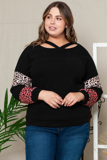 Plus Size Leopard Dropped Shoulder Long Sleeve T-Shirt-Jewearrings