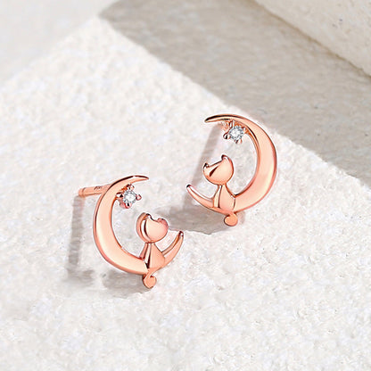 Original Moon Love Cat Stud Earrings 925 Sterling Silver Cute And Compact-Jewearrings