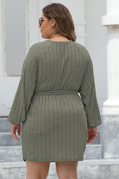 Plus Size Ribbed Tie Front Long Sleeve Sweater Dress-Jewearrings