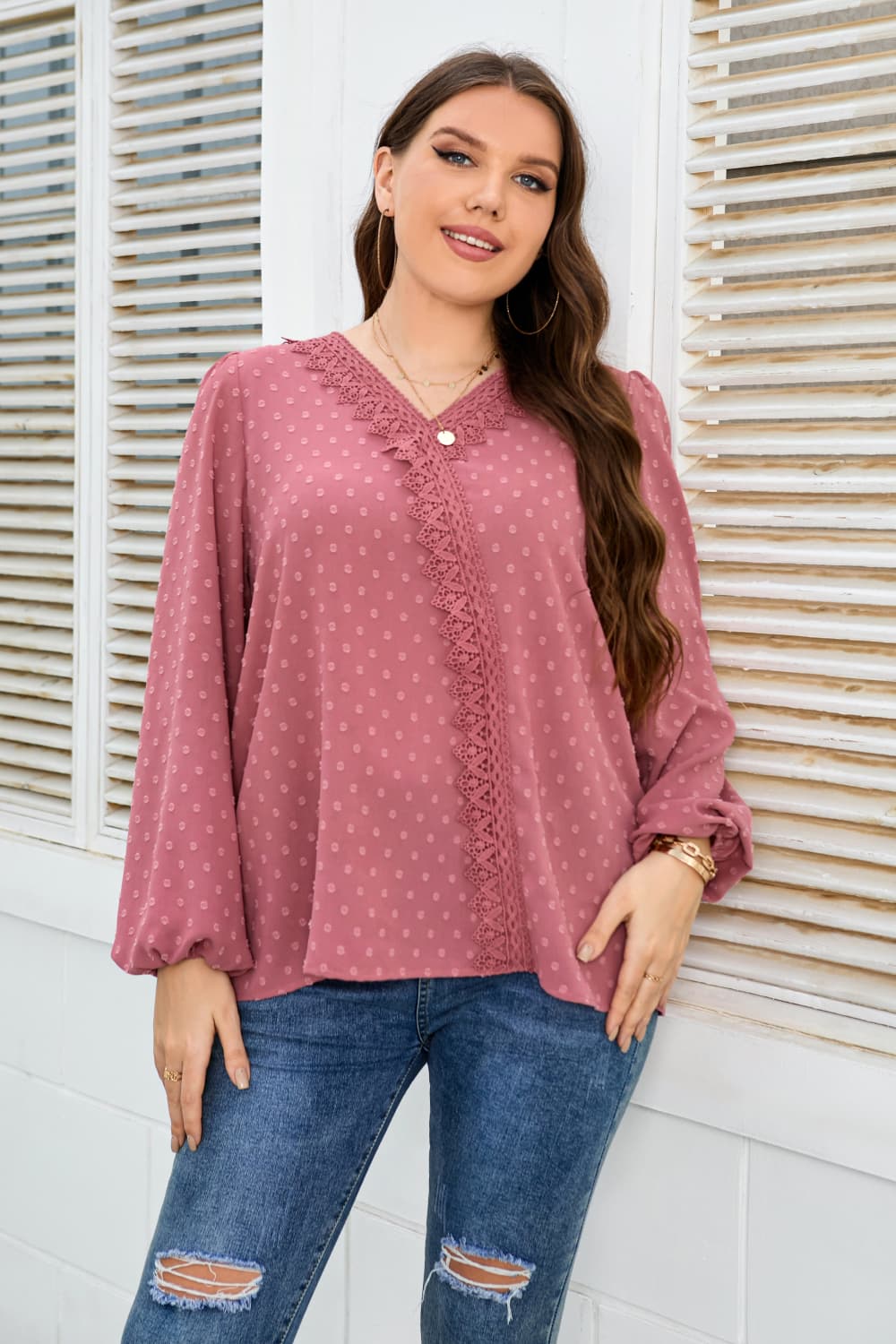 Melo Apparel Plus Size Lace Trim V-Neck Balloon Sleeve Blouse-Jewearrings