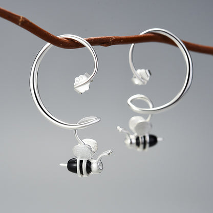 Insect Design Geometric Curve Bee Sterling Silver Earrings-Jewearrings