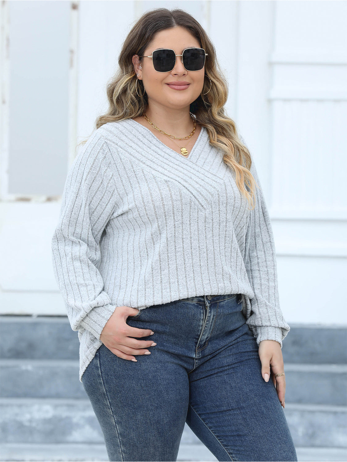 Plus Size Ribbed V-Neck Long Sleeve Top-Jewearrings