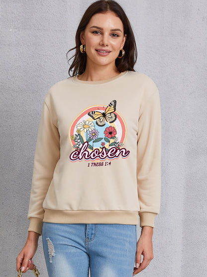 Butterfly Round Neck Dropped Shoulder Sweatshirt-Jewearrings