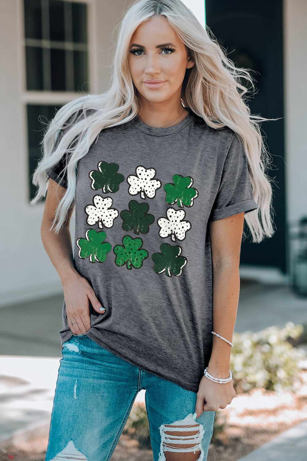 Lucky Clover Round Neck Short Sleeve T-Shirt-Jewearrings