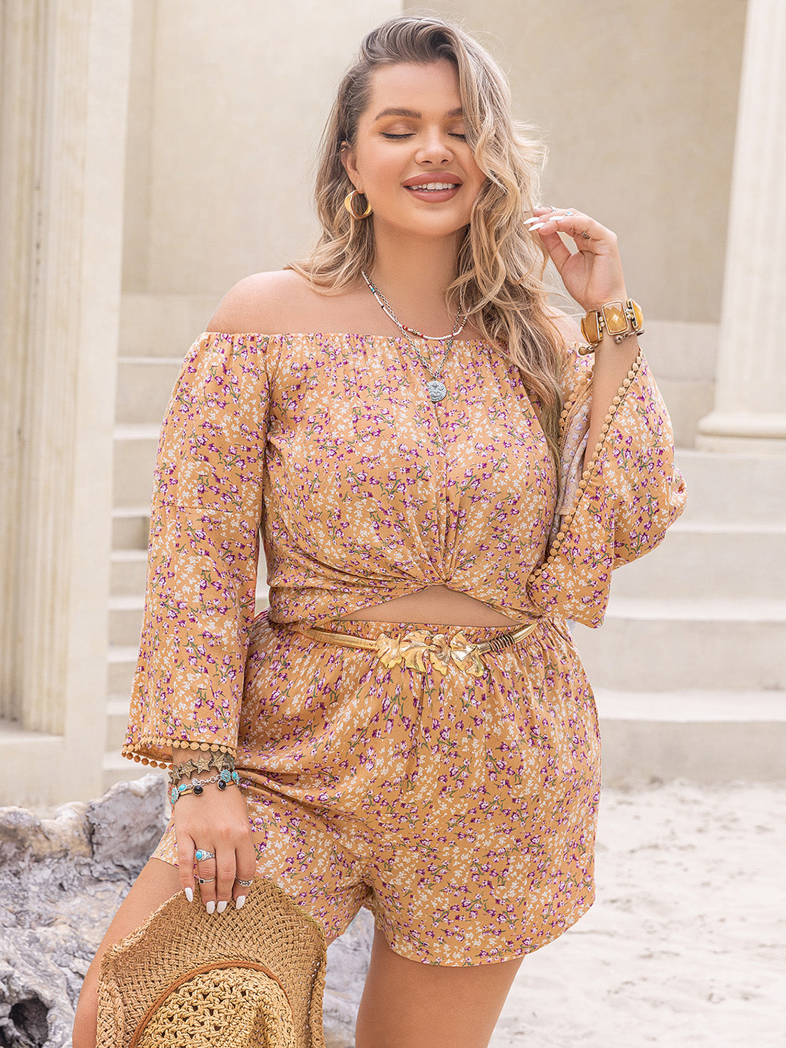 Plus Size Printed Off-Shoulder Top and Shorts Set-Jewearrings