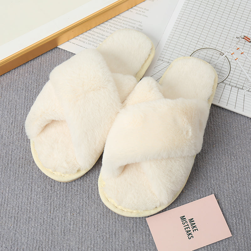 Faux Fur Crisscross Strap Slippers-Jewearrings