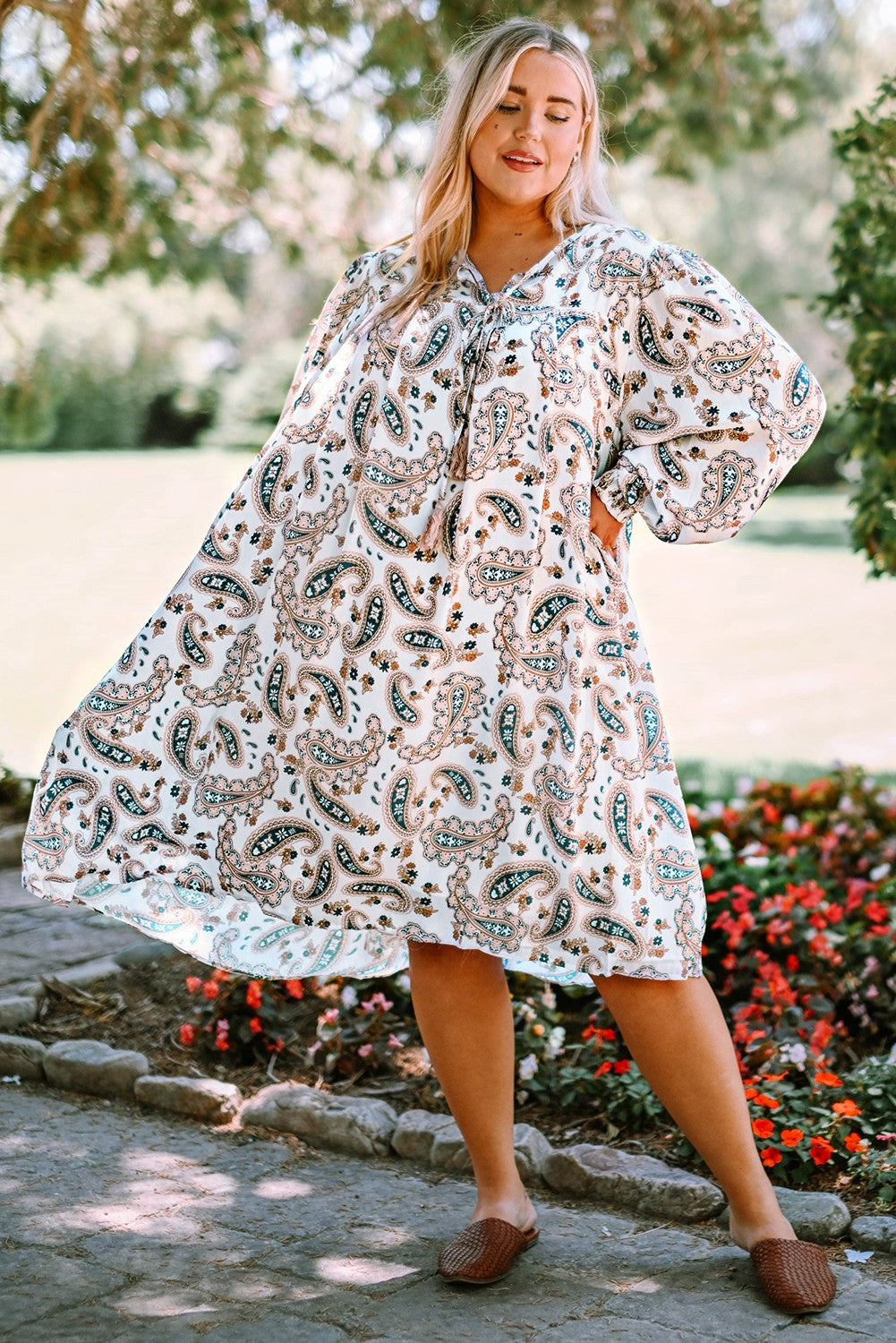 Plus Size Paisley Print Puff Sleeve Dress-Jewearrings