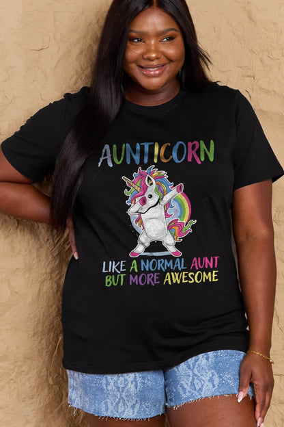 Simply Love Full Size AUNTICORN LIKE A NORMAL AUNT BUT MORE AWESOME Graphic Cotton Tee-Jewearrings