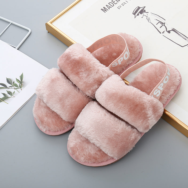 Faux Fur Open Toe Slippers-Jewearrings