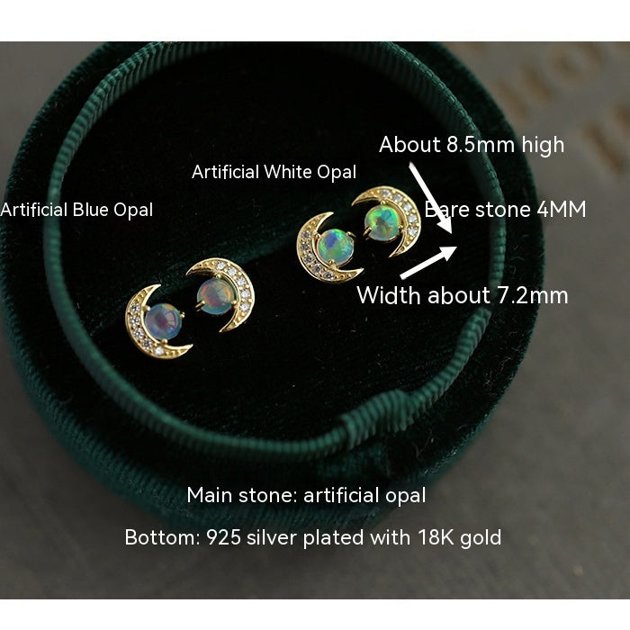 Pure Silver Mini Flowing Light Illusion Artificial Opal Treasure Moon Earrings-Jewearrings