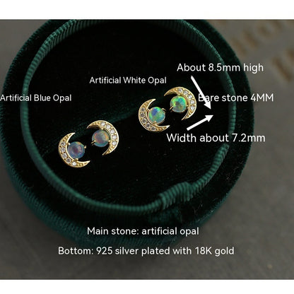 Pure Silver Mini Flowing Light Illusion Artificial Opal Treasure Moon Earrings-Jewearrings