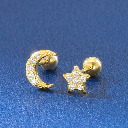 S925 Sterling Silver 14K Gold Earrings Star And Moon Asymmetrical Mini Cute Earrings Female Mix And Match Exquisite Niche-Jewearrings