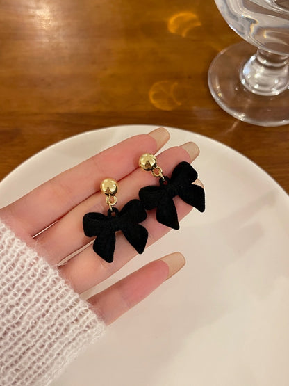 Wine Red Flocking Bow Stud Earrings Women's-Jewearrings