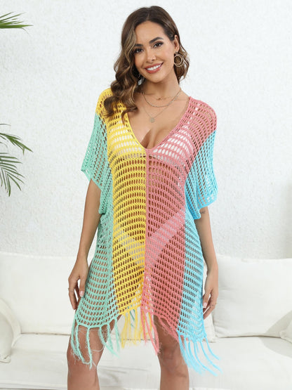 Fringe Color Block Scoop Neck Cover Up-Jewearrings