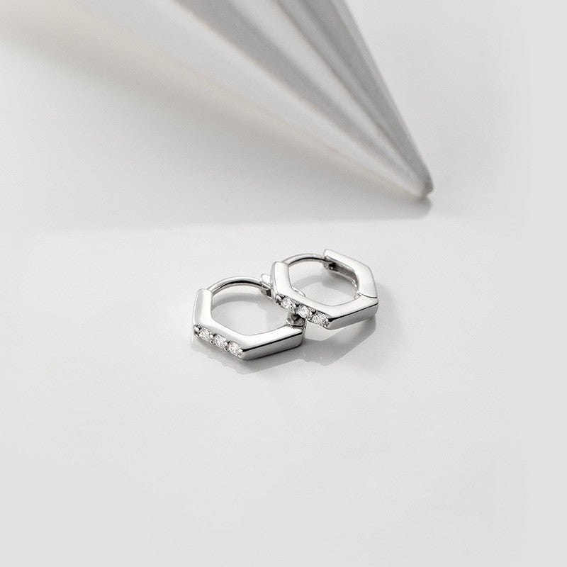 S925 Silver Hexagonal Ear Bone Hoop Row Drill Earrings Women-Jewearrings