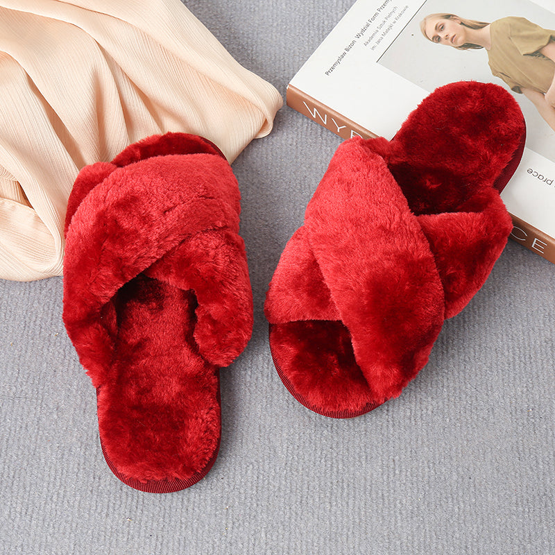 Faux Fur Crisscross Strap Slippers-Jewearrings