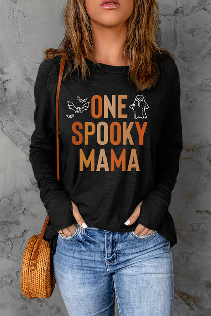 Round Neck Long Sleeve ONE SPOOKY MAMA Graphic T-Shirt-Jewearrings