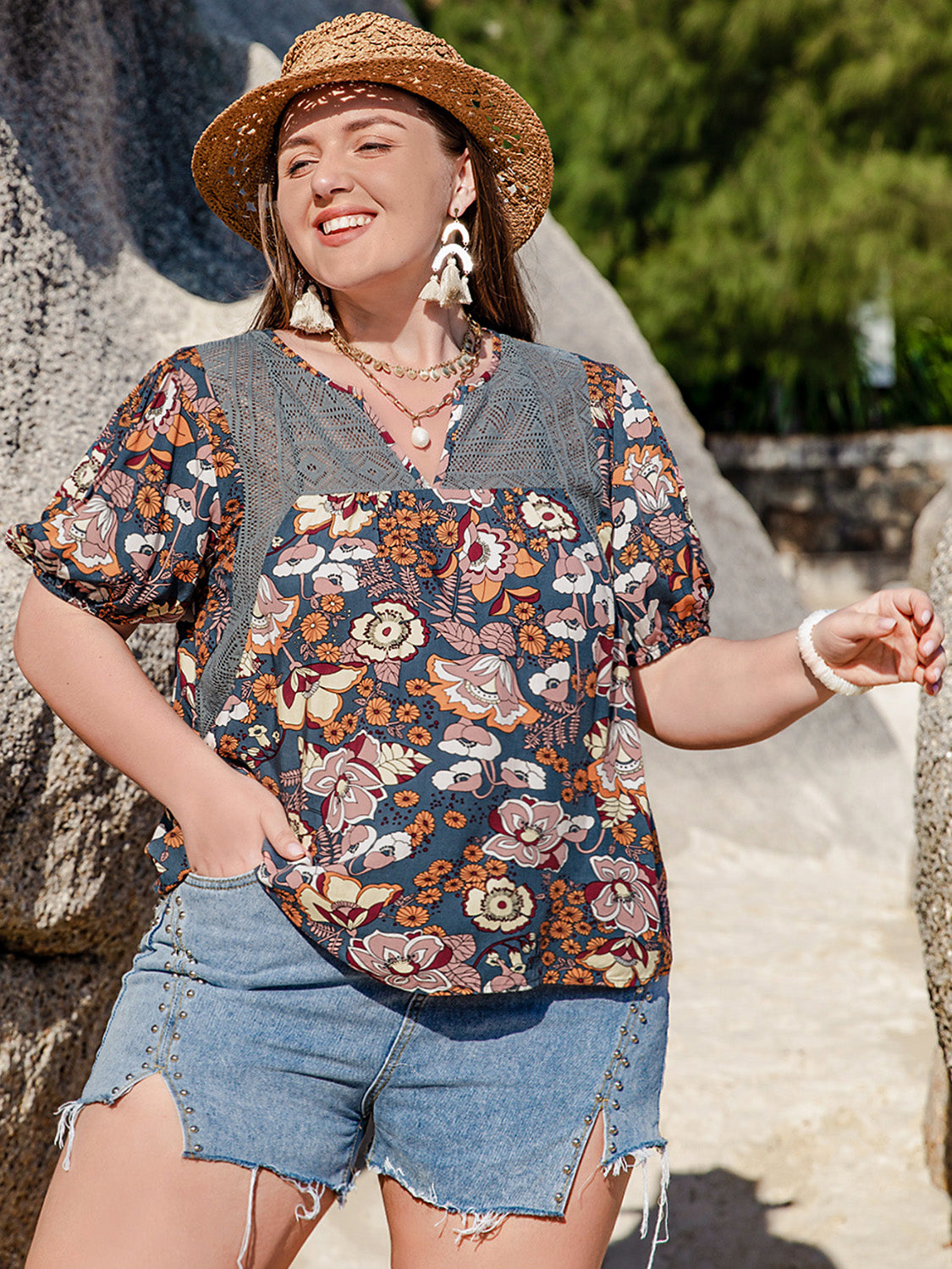 Plus Size Printed Notched Half Sleeve Blouse-Jewearrings