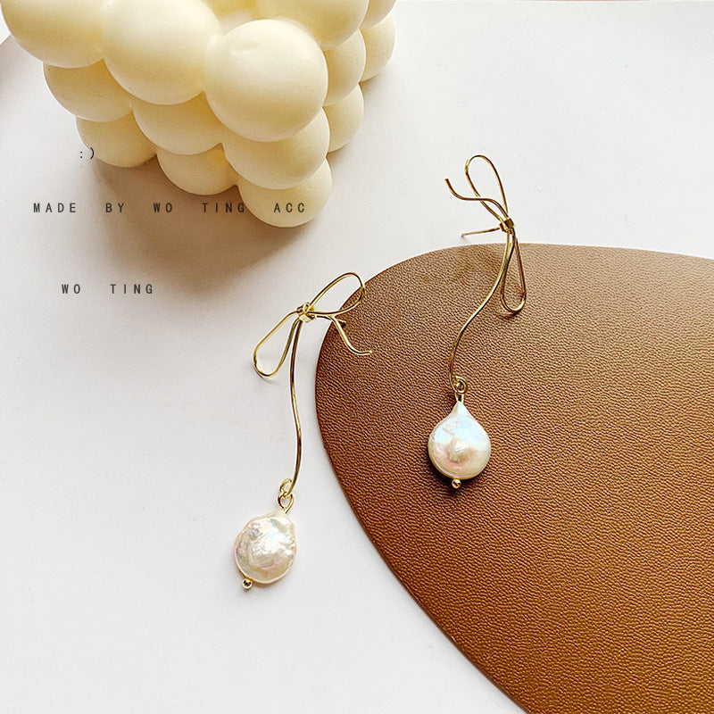 Temperament Metal Bow Natural Pearl Long Earrings-Jewearrings