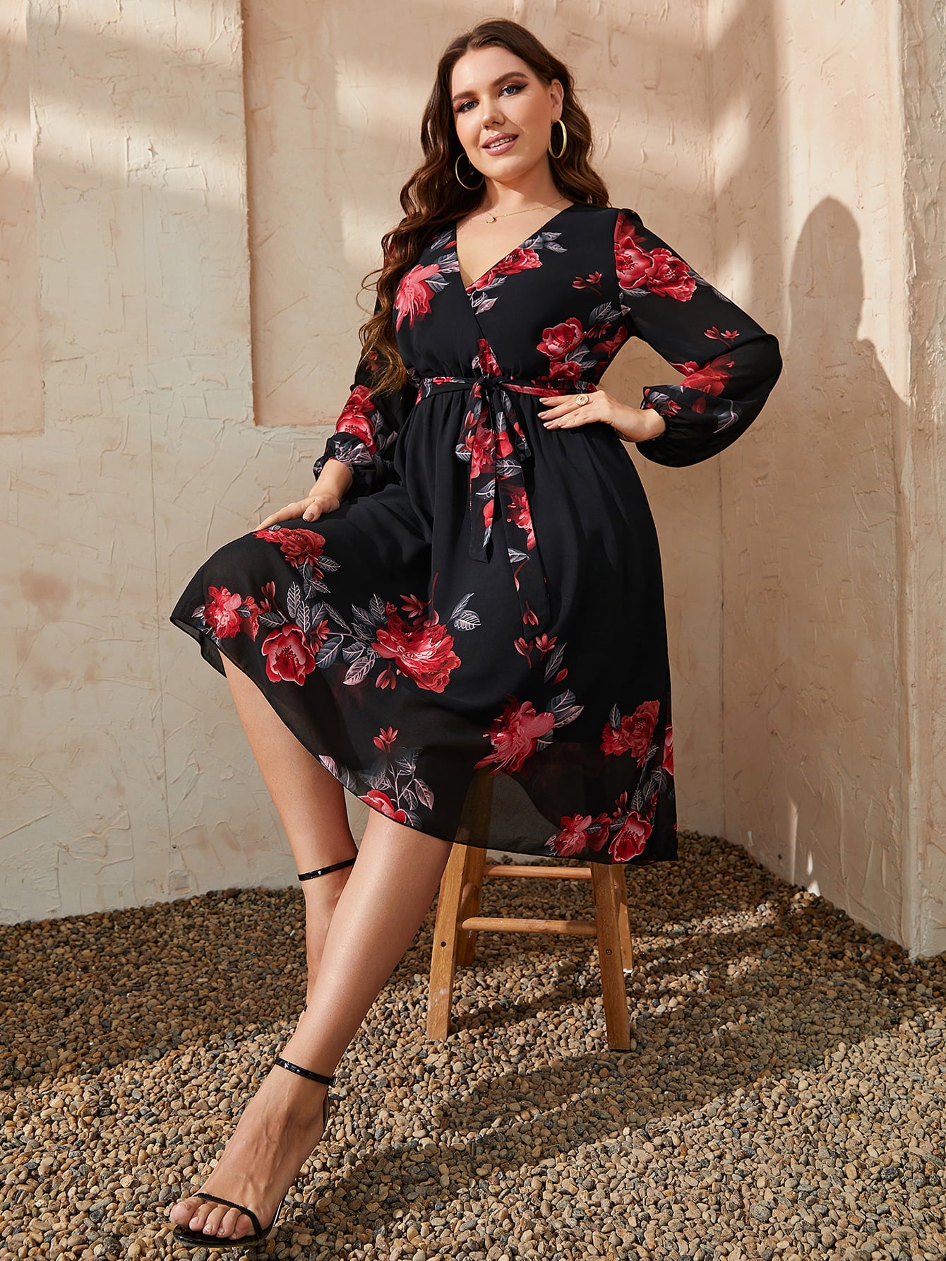 Plus Size Floral Surplice Neck Tie Waist Dress-Jewearrings