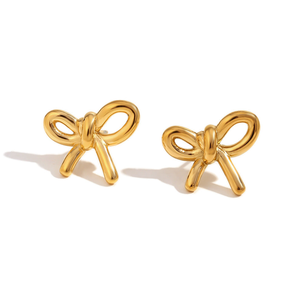 Stainless Steel 18K Gold Plating Cast Glossy Bow Stud Earrings-Jewearrings