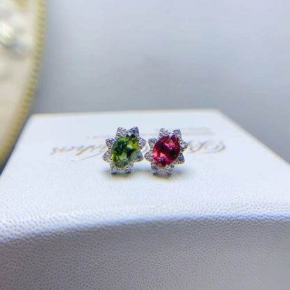 Natural Tourmaline Stud Earrings 925 Silver Delicate Mosaic Women Colored Gems-Jewearrings