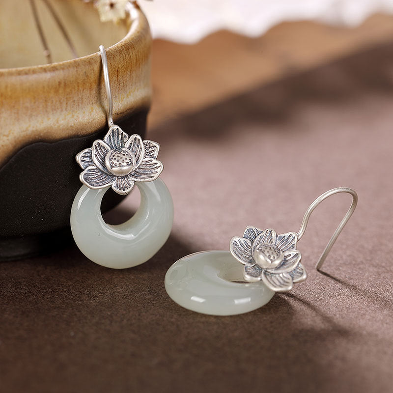 Silver Earrings Female Natural Hetian Jade Retro Personality Lotus-Jewearrings