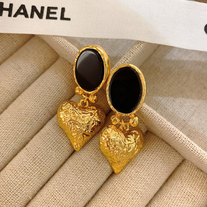 Vintage Inlaid Black Agate Ear Clip Heart-shaped Earrings-Jewearrings