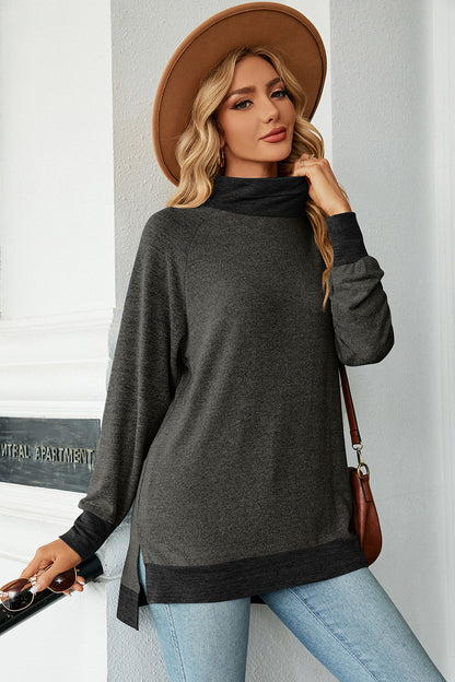 Slit Mock Neck Long Sleeve T-Shirt-Jewearrings