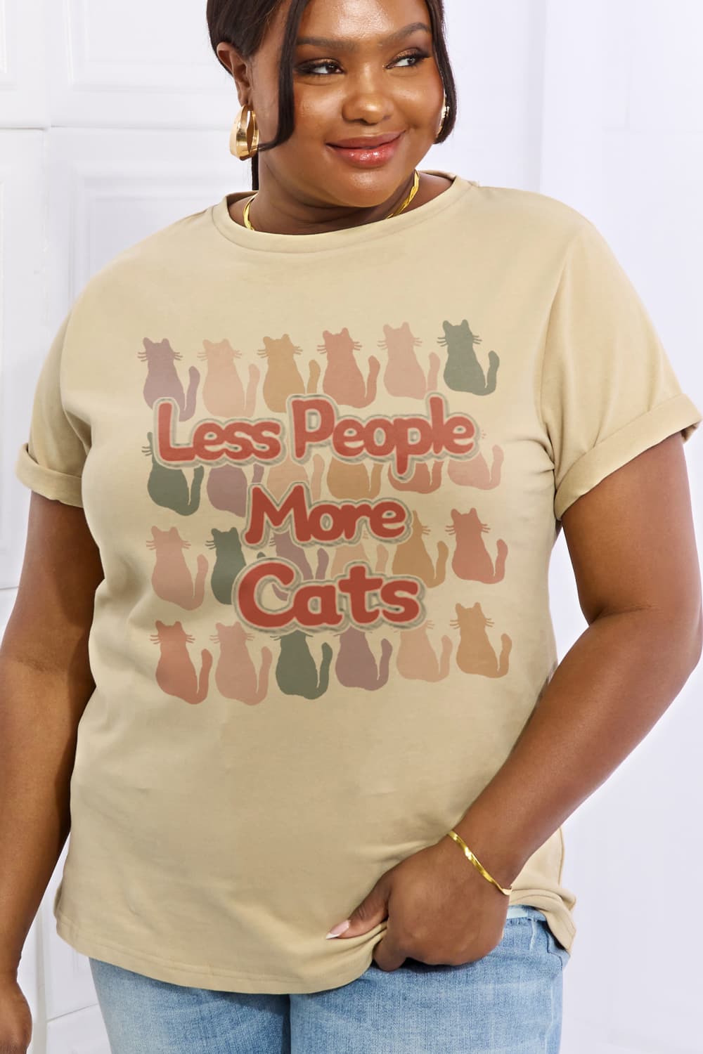 Simply Love Full Size LESS PEOPLE MORE CATS Graphic Cotton Tee-Jewearrings