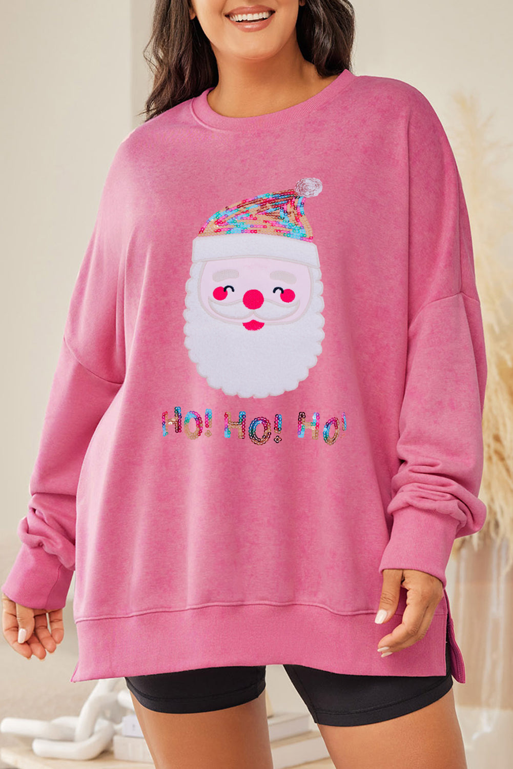 Plus Size Santa Claus Sequin Round Neck Sweatshirt-Jewearrings