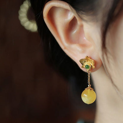 Natural Beeswax Amber Flower Niche Sterling Silver Earrings-Jewearrings