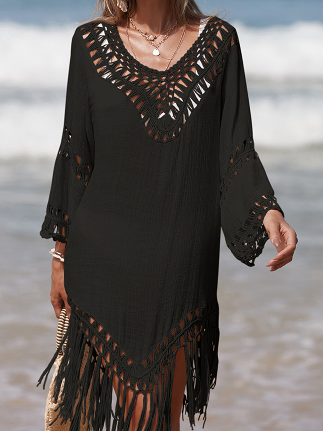 Cutout Fringe Scoop Neck Cover-Up-Jewearrings