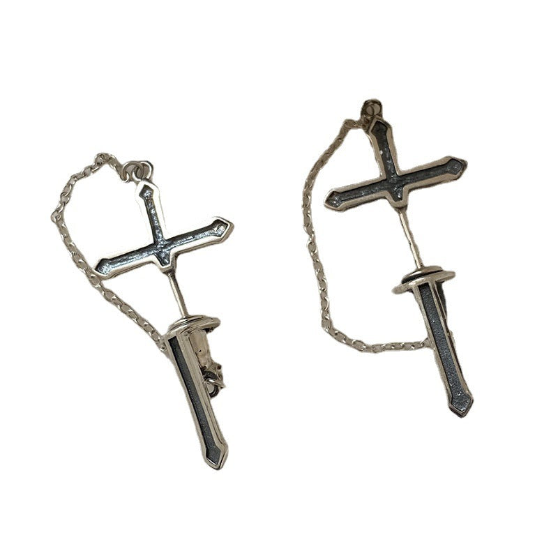 Sterling Silver Cross Vintage Chain Stud Earrings-Jewearrings